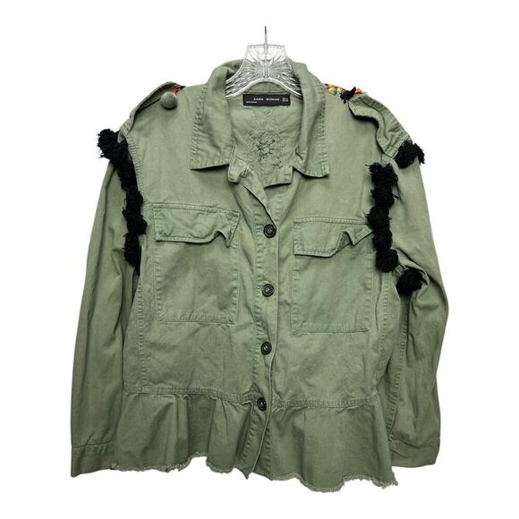 ZARA Embellished Jacket Medium Olive Green Boho Festival Beaded Pom Pom - Picture 1 of 10